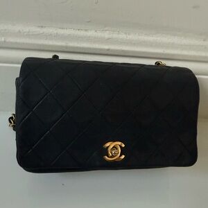 Chanel Black Vintage Mini Full Flap Quilted Lambskin Crossbody Bag and gold acce